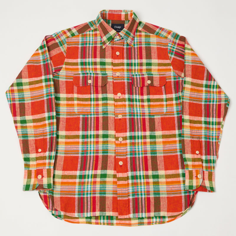 Drake's Madras Linen Cotton Work Shirt - Red/Orange/Green