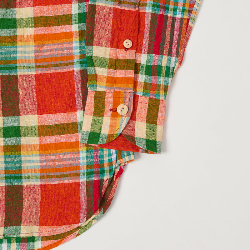 Drake's Madras Linen Cotton Work Shirt - Red/Orange/Green