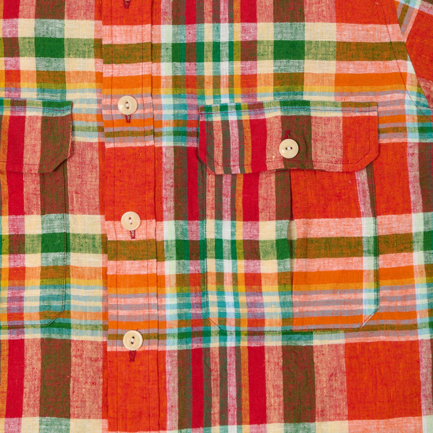 Drake's Cotton Linen Madras Work Shirt - Red/Orange/Green