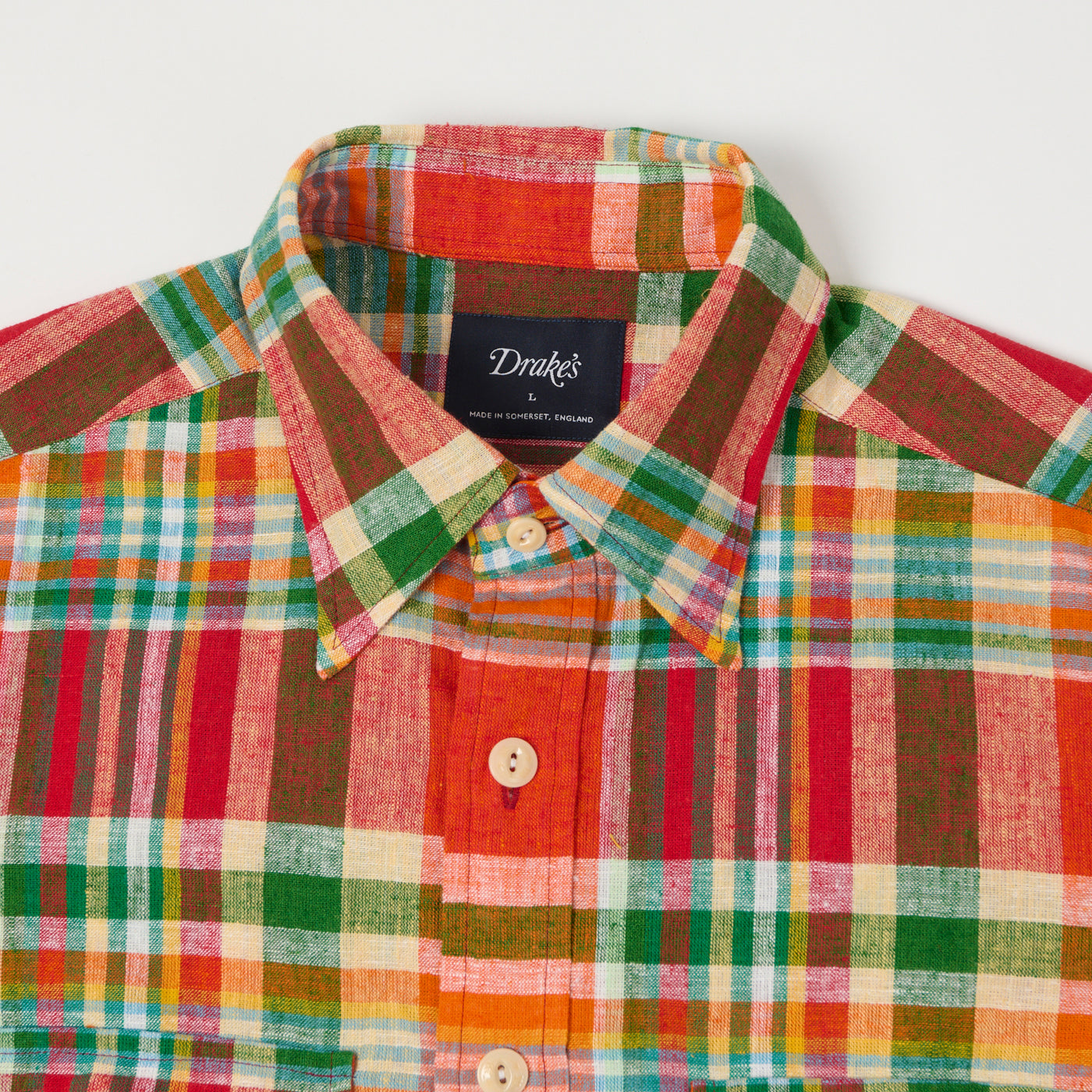 Drake's Cotton Linen Madras Work Shirt - Red/Orange/Green