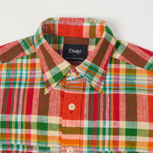 Drake's Madras Linen Cotton Work Shirt - Red/Orange/Green