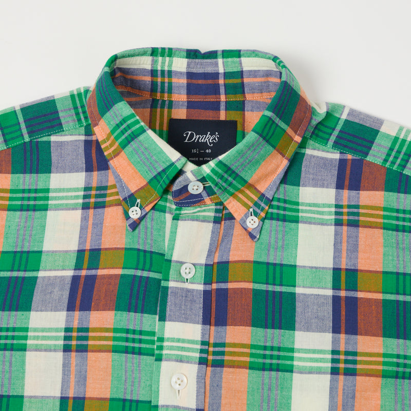 Drake's Madras Button Down Pocket Shirt - Green/Orange/Blue