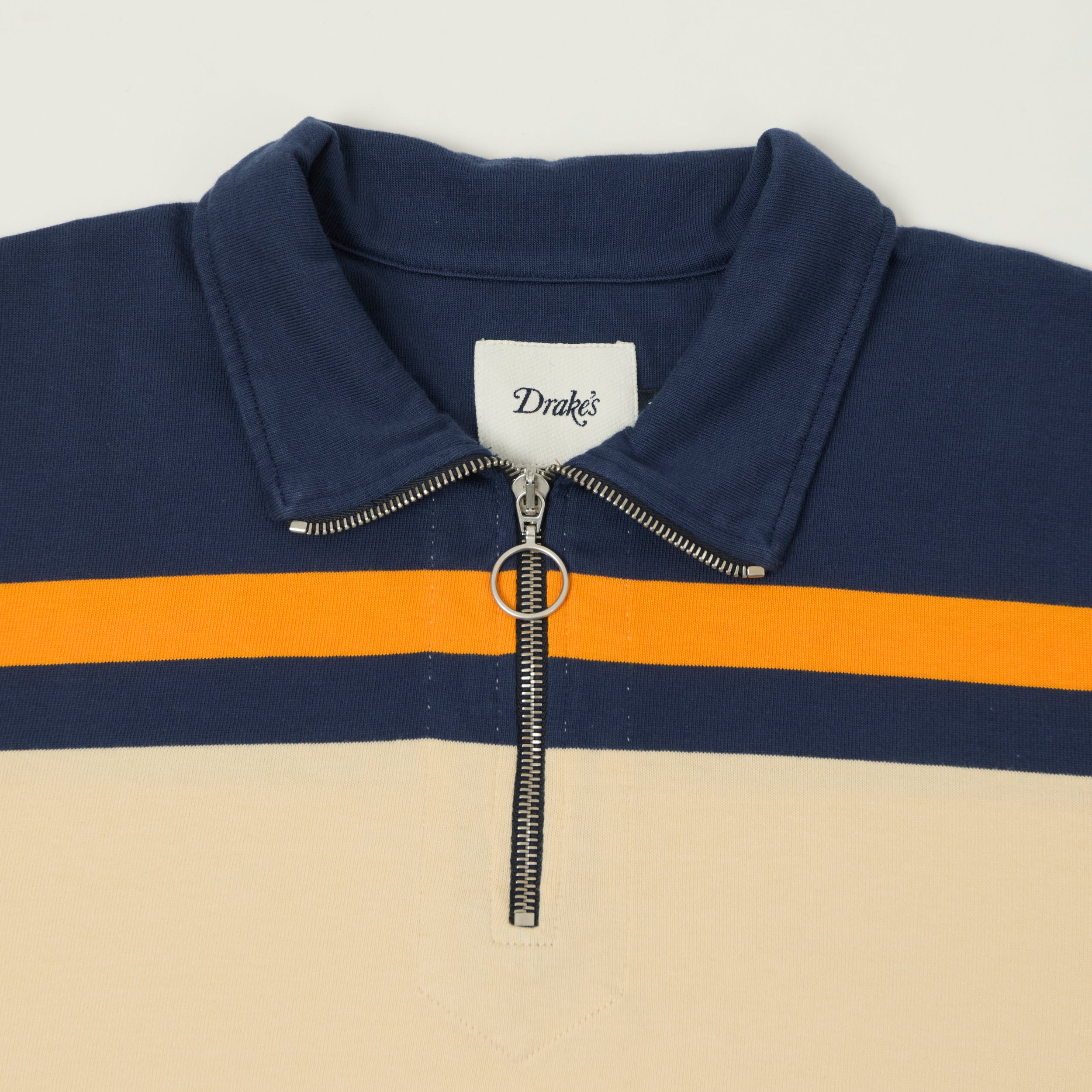 Drake's Stripe Quarter Zip Rugby Shirt - Ecru/Navy/Yellow