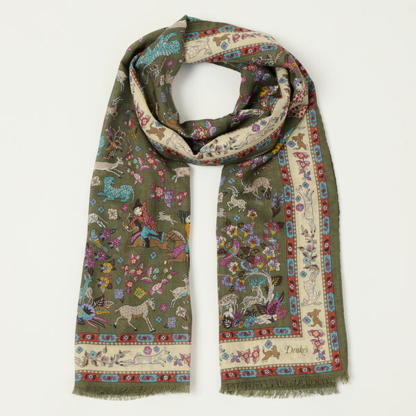 Drake's Summer Mughal Wool/Silk Scarf - Olive