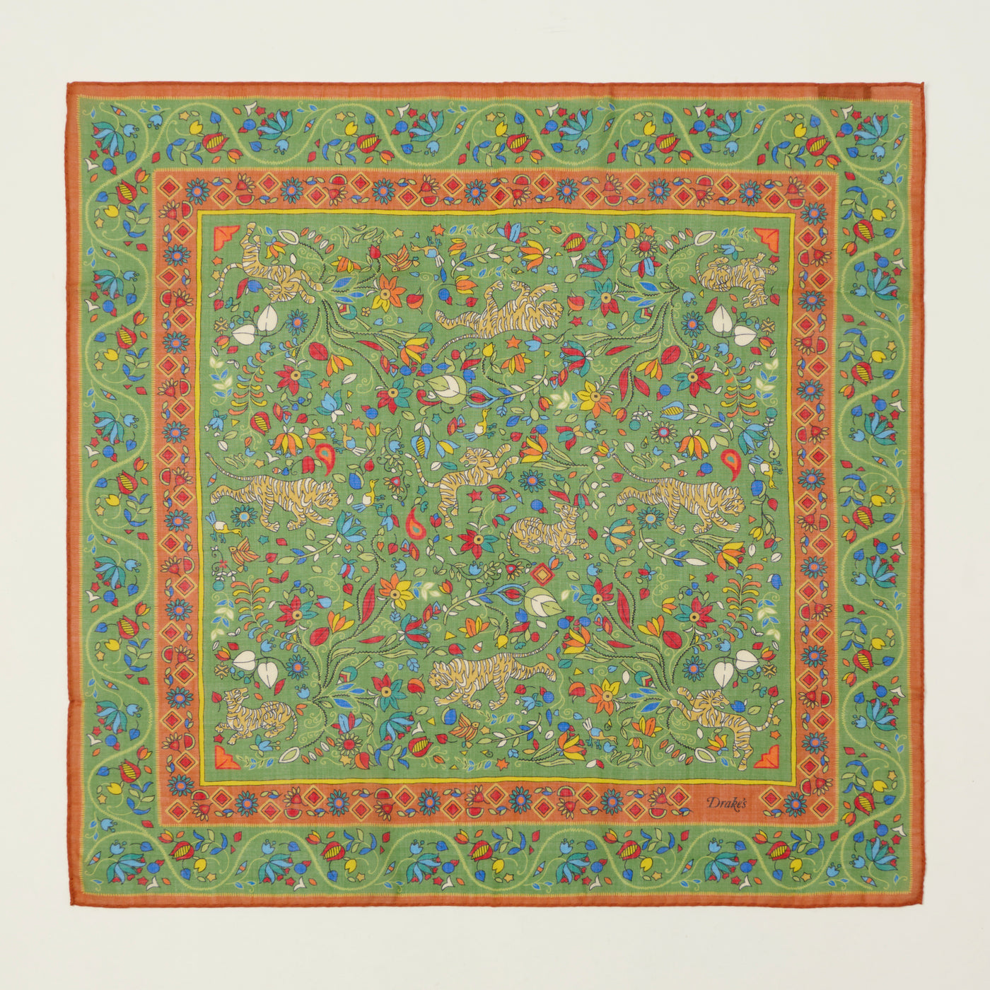 Drake's 'Tiger Garden' Wool/Silk Bandana - Green