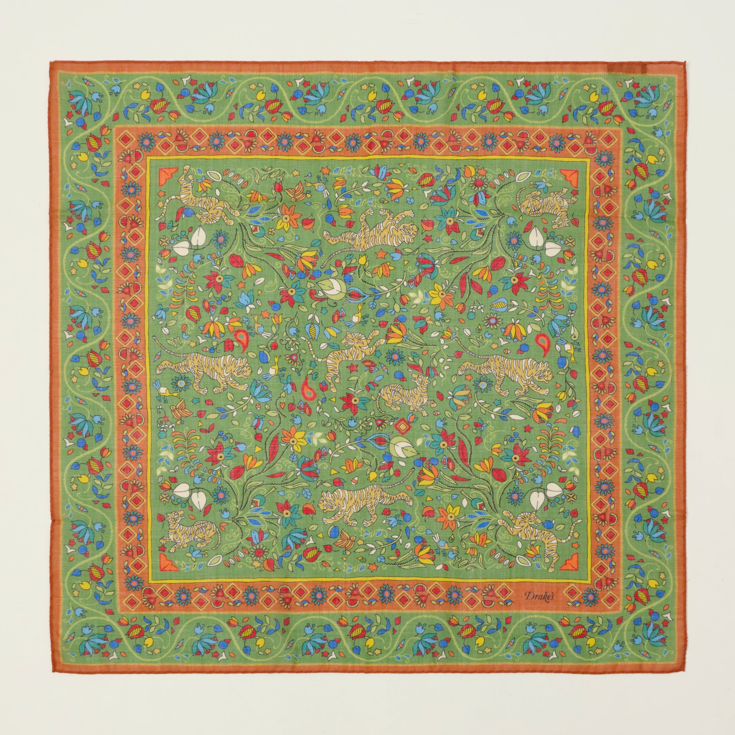 Drake's 'Tiger Garden' Wool/Silk Bandana - Green