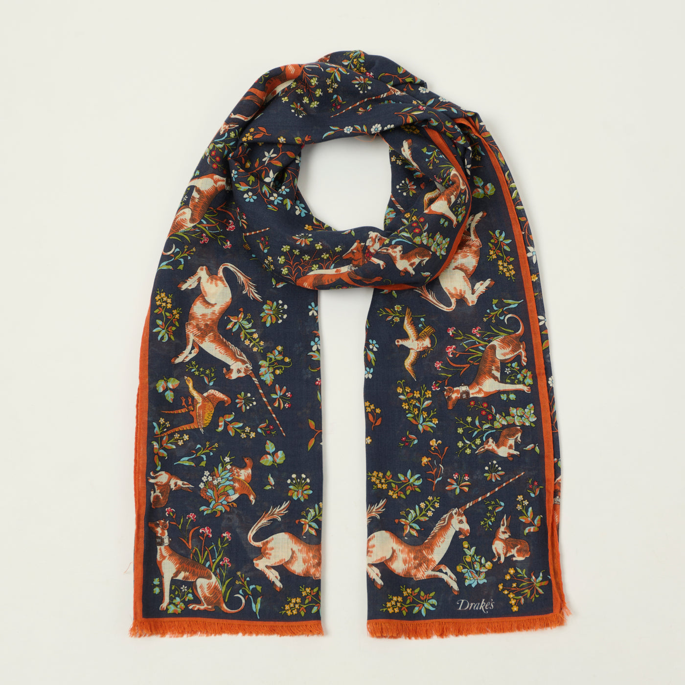 Drake's 'Unicorn Garden' Wool/Silk Scarf - Navy