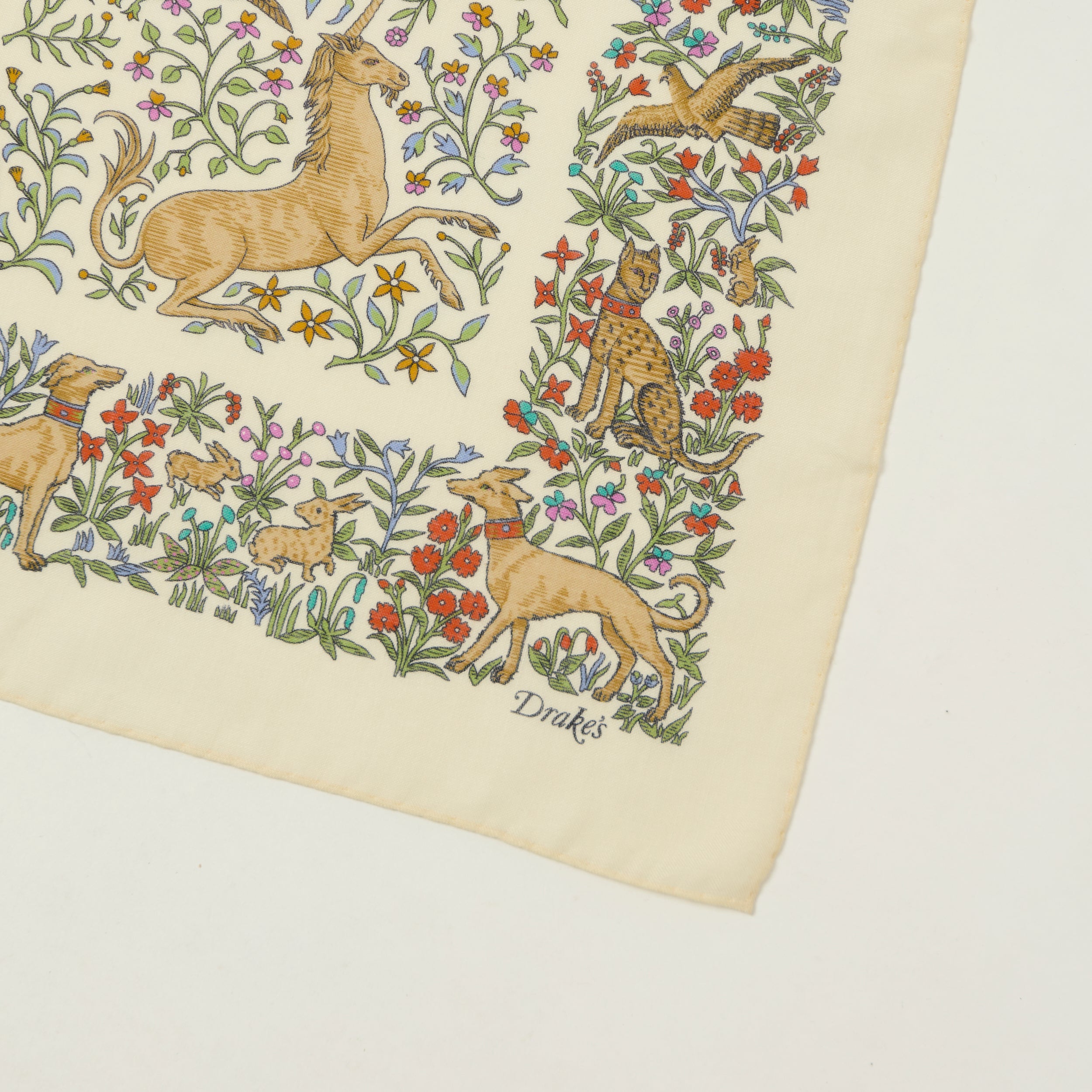 Drake's 'Unicorn' Printed Bandana wool/silk - Ecru