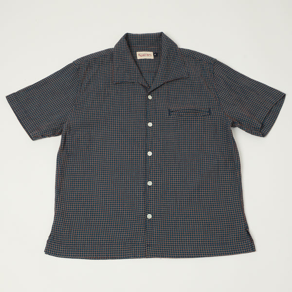 Freenote Cloth 'Cayucos' Seersucker S/S Open Collar Shirt - Blue Plaid