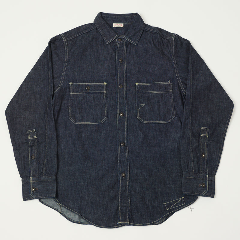 Freewheelers 'Diamond Cracker' 8oz L/S Denim Work Shirt - Indigo