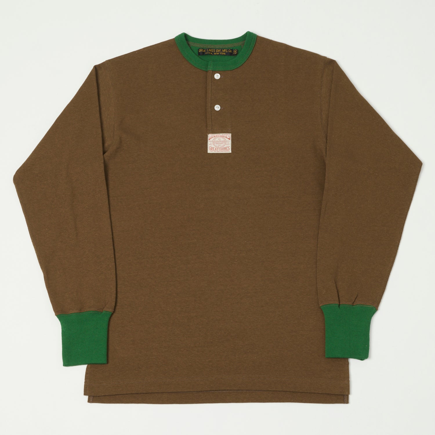 Freewheelers & Co Great Lakes Long Sleeve Henley - Brown/Tar Green
