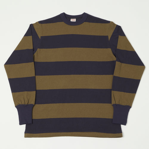 Freewheelers & Co Power Wear Horizontal Stripe Set-In Long Sleeve Tee - Navy/Khaki