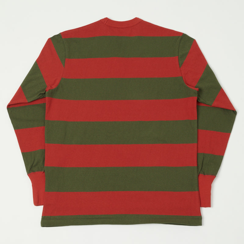 Freewheelers Horizontal Stripe Set-In Long Sleeve Tee - Red/Olive