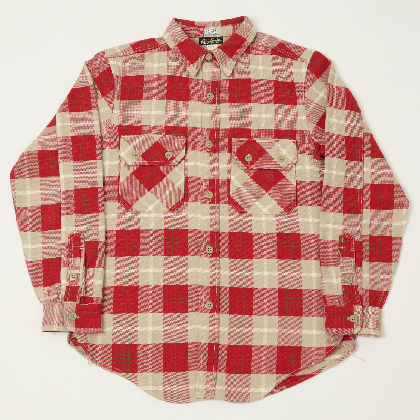 Freewheelers & Co Motor Psyclone 'Nomad' Plaid Work Shirt - Orange Red/Grey