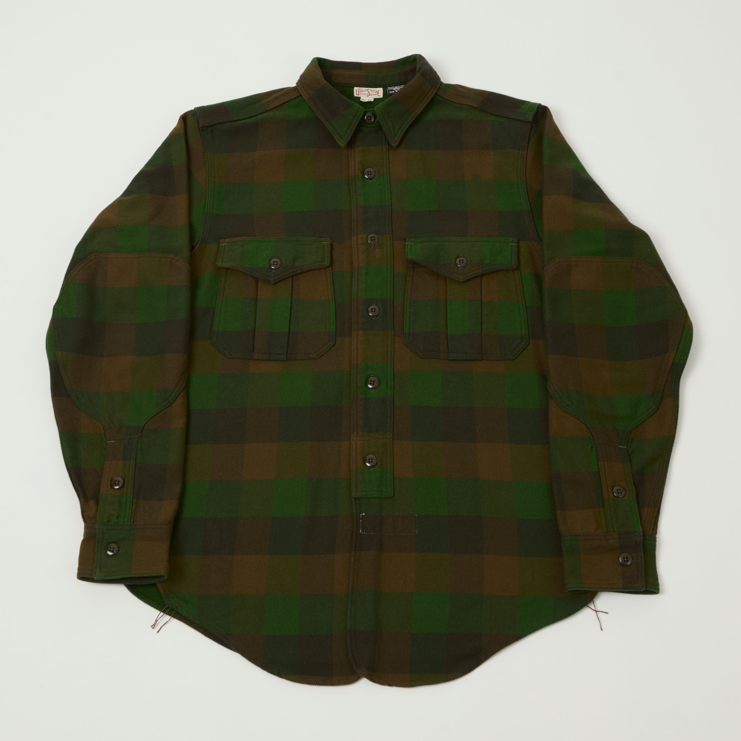 Freewheelers & Co Union Special Overalls 'BaldyGus' Mechanic Shirt - Bottle Green/Khaki Brown