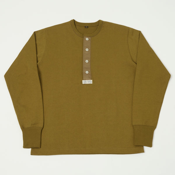 Freewheelers Henley Necked Long Sleeve Shirt - Olive Drab