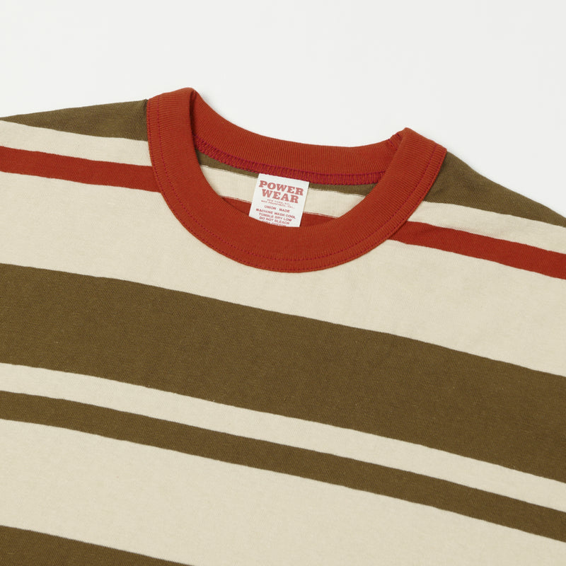 Freewheelers 'Power Wear' Random Striped Set-In Tee - Chilli Red/Grey Khaki/Straw Cream
