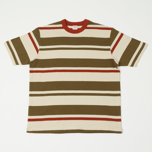 Freewheelers 'Power Wear' Random Striped Set-In Tee - Chilli Red/Grey Khaki/Straw Cream