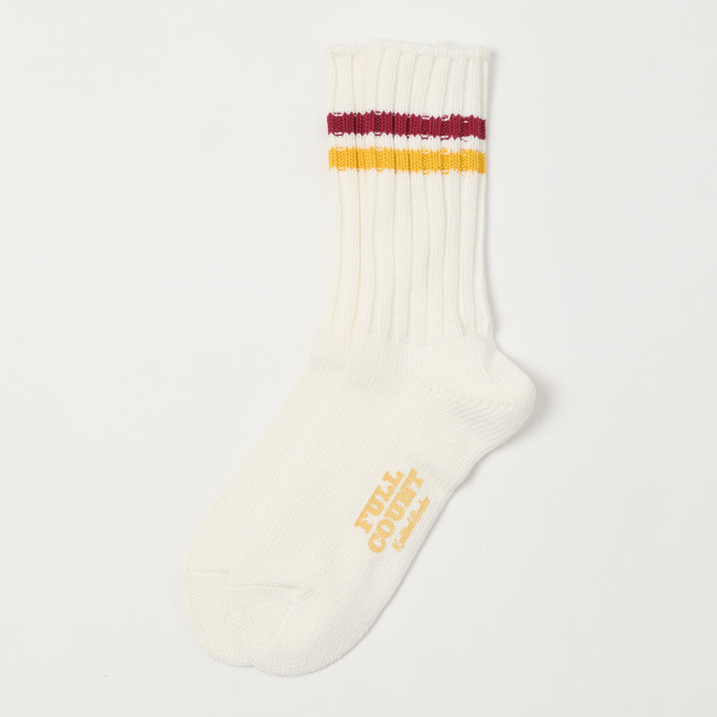 Full Count All Cotton Knit Rib Sock - White/Burgundy/Yellow