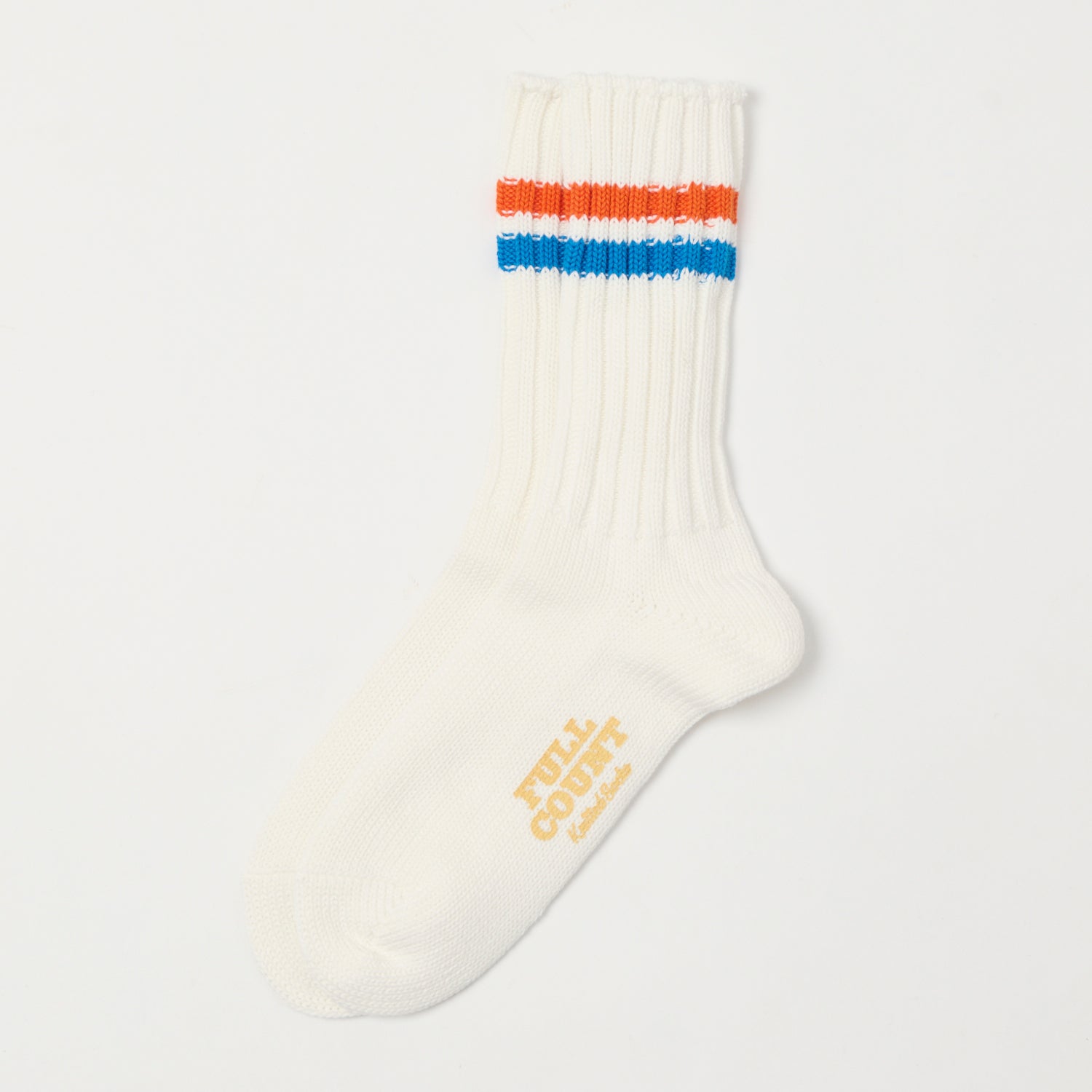 FULLCOUNT All Cotton Knit Ribbed Sock - White/Orange/Blue
