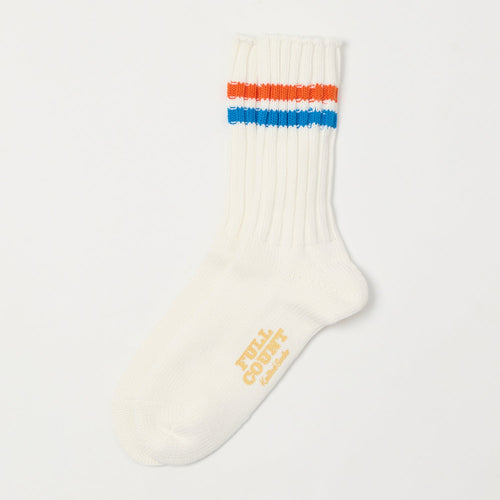 FULLCOUNT All Cotton Knit Ribbed Sock - White/Orange/Blue