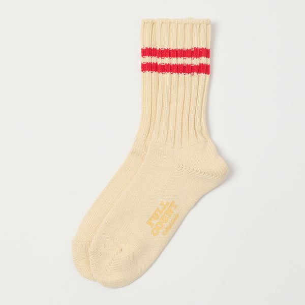 Full Count All Cotton Knit Ribbed Sock - Ecru/Red