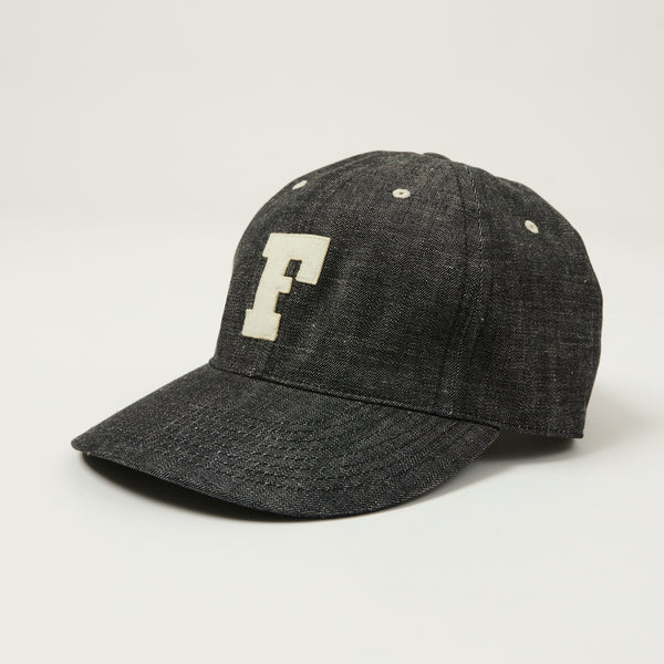 Full Count 6843 6 Panel Denim Baseball ’F’ Letterman Cap - Black