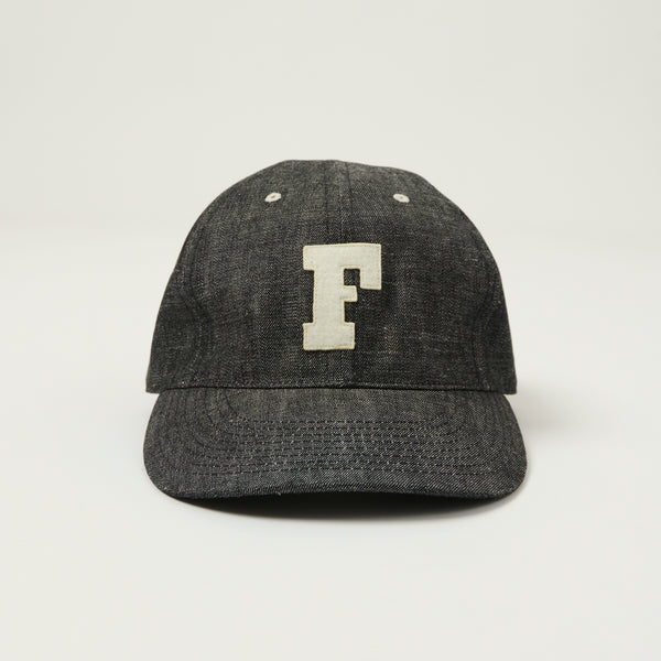 Full Count 6843 6 Panel Denim Baseball ’F’ Letterman Cap - Black