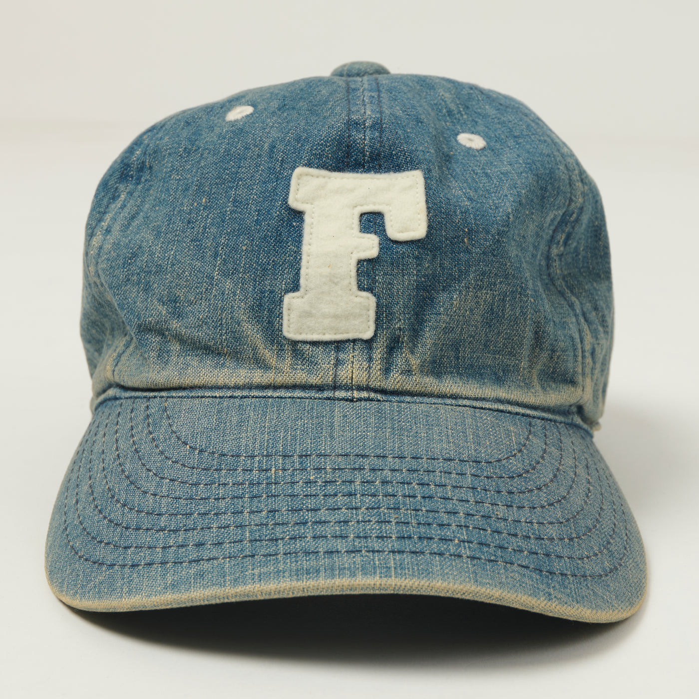 FULLCOUNT 6843 Six Panel Denim Baseball Cap 'F' Patch - Vintage Wash
