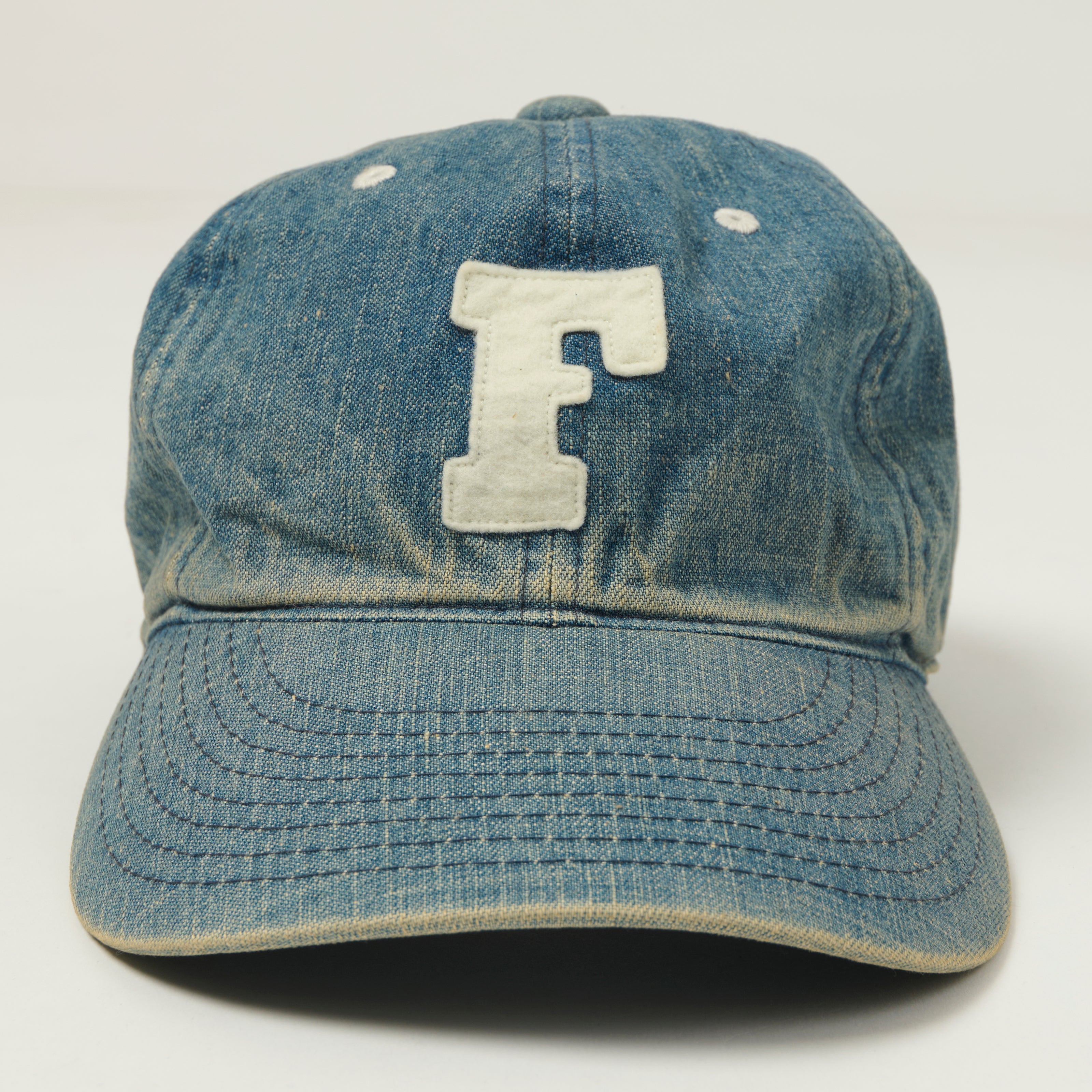FULLCOUNT 6843 Six Panel Denim Baseball Cap 'F' Patch - Vintage Wash