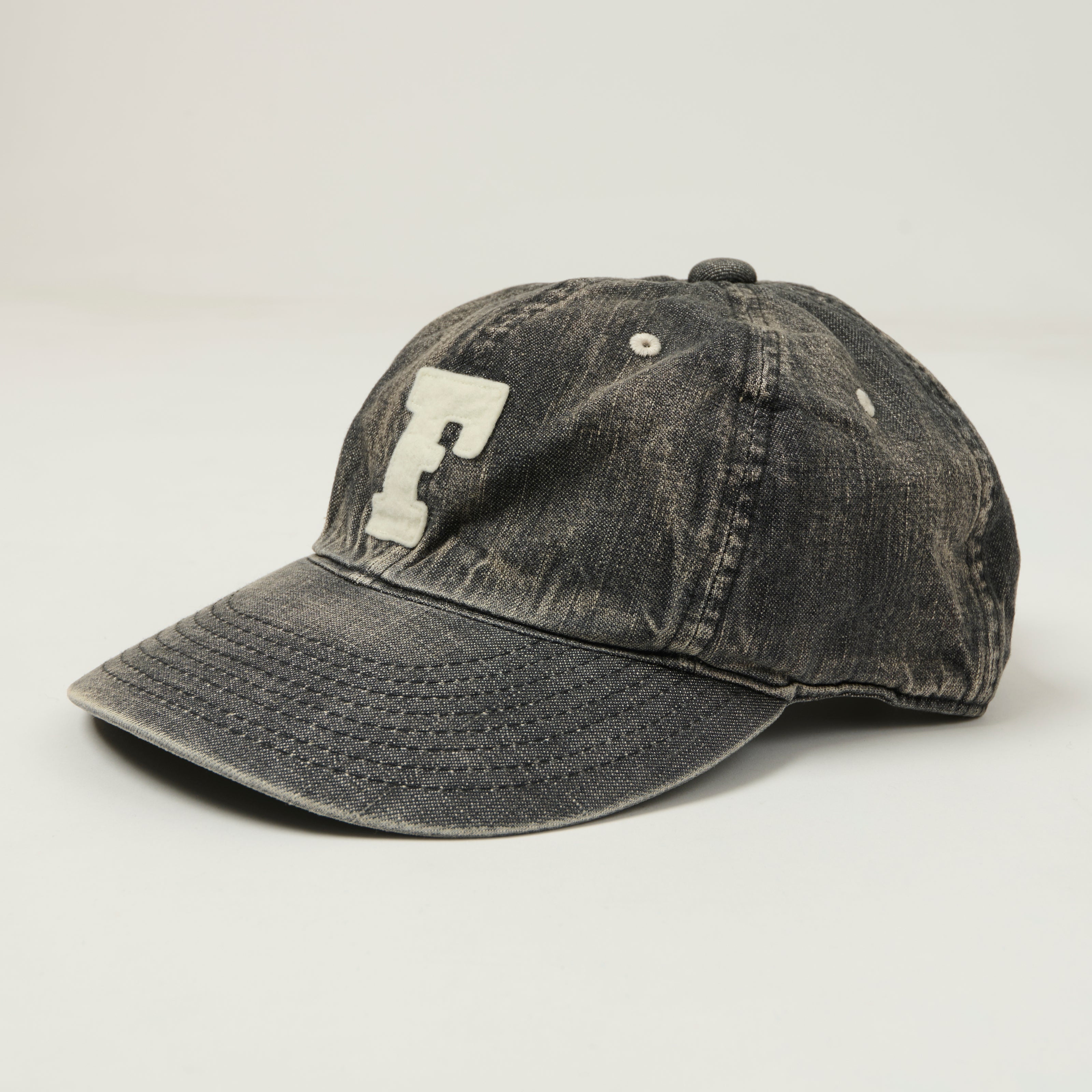 FULLCOUNT 6843 Six Panel Denim Baseball Cap 'F' Patch - Black Vintage Wash