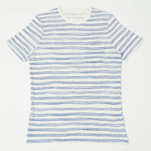Hartford Linen Pocket Stripe Crew Tee - White/Blue
