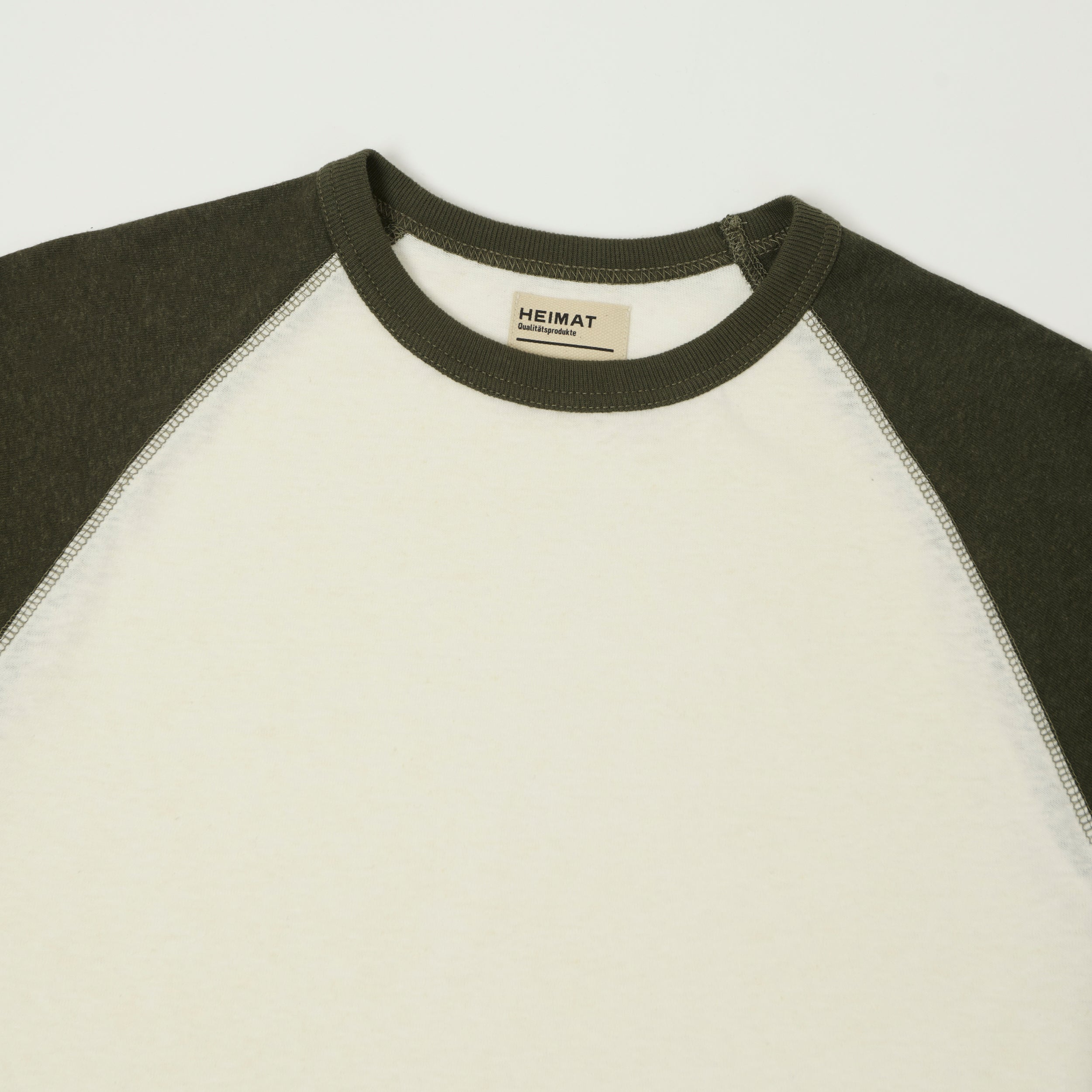 Heimat Raglan Sleeve Cotton Hemp Contrast T-Shirt - Seashell/Military Green