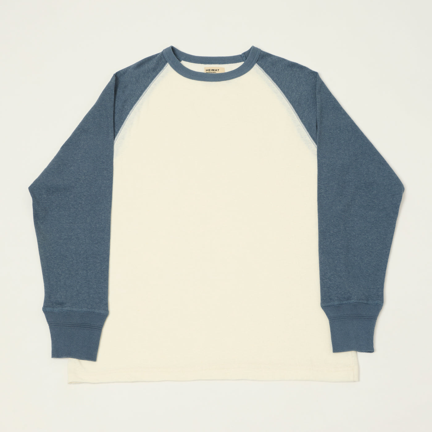 Heimat Raglan Sleeve Cotton Hemp Contrast T-Shirt -Seashell/Trail Blue