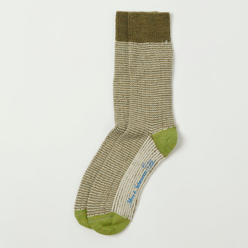 Merz b. Schwanen S78 Fine Striped Wool Sock - Army/Nature