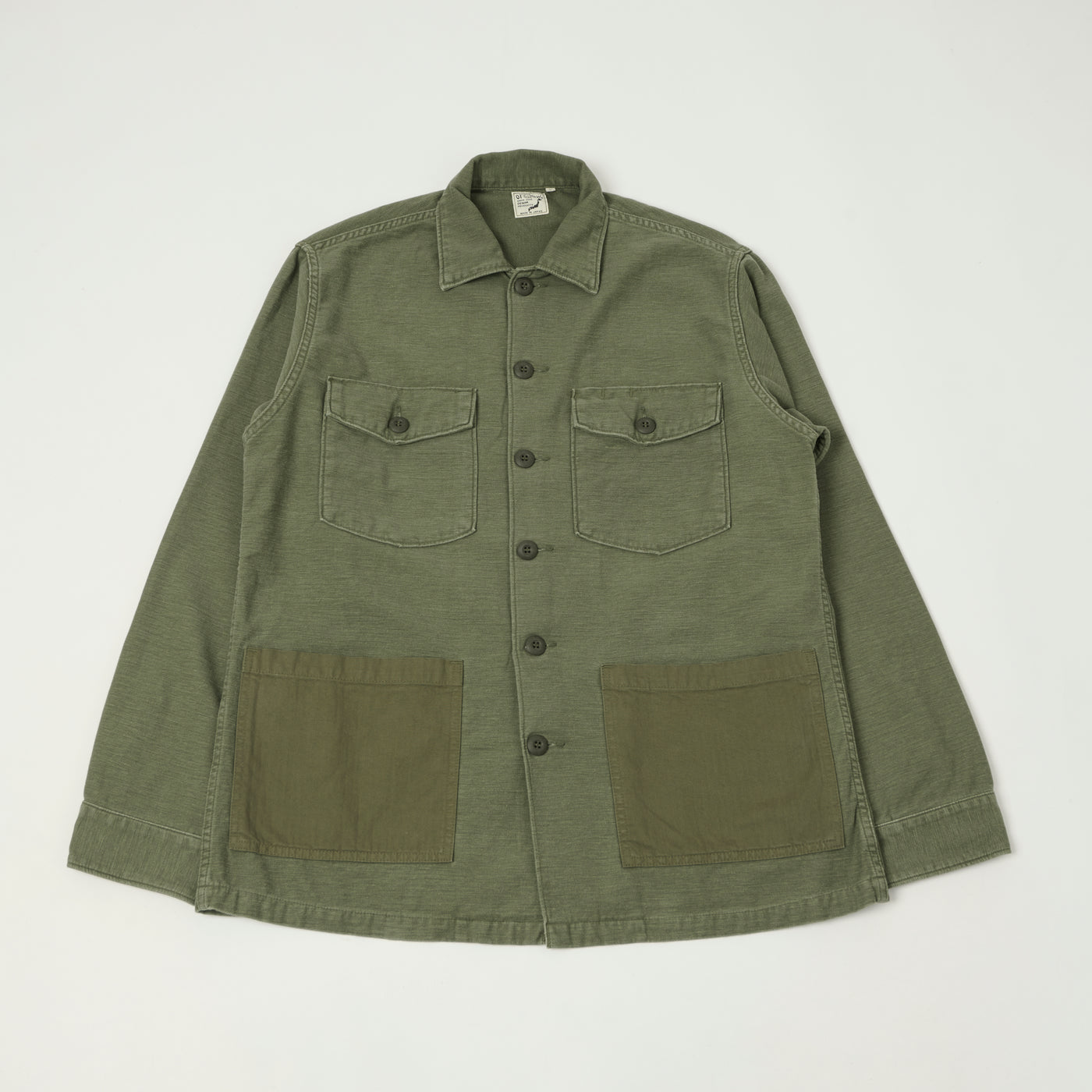 orSlow Contrast Pocket Sateen Overshirt - Olive Stone Wash
