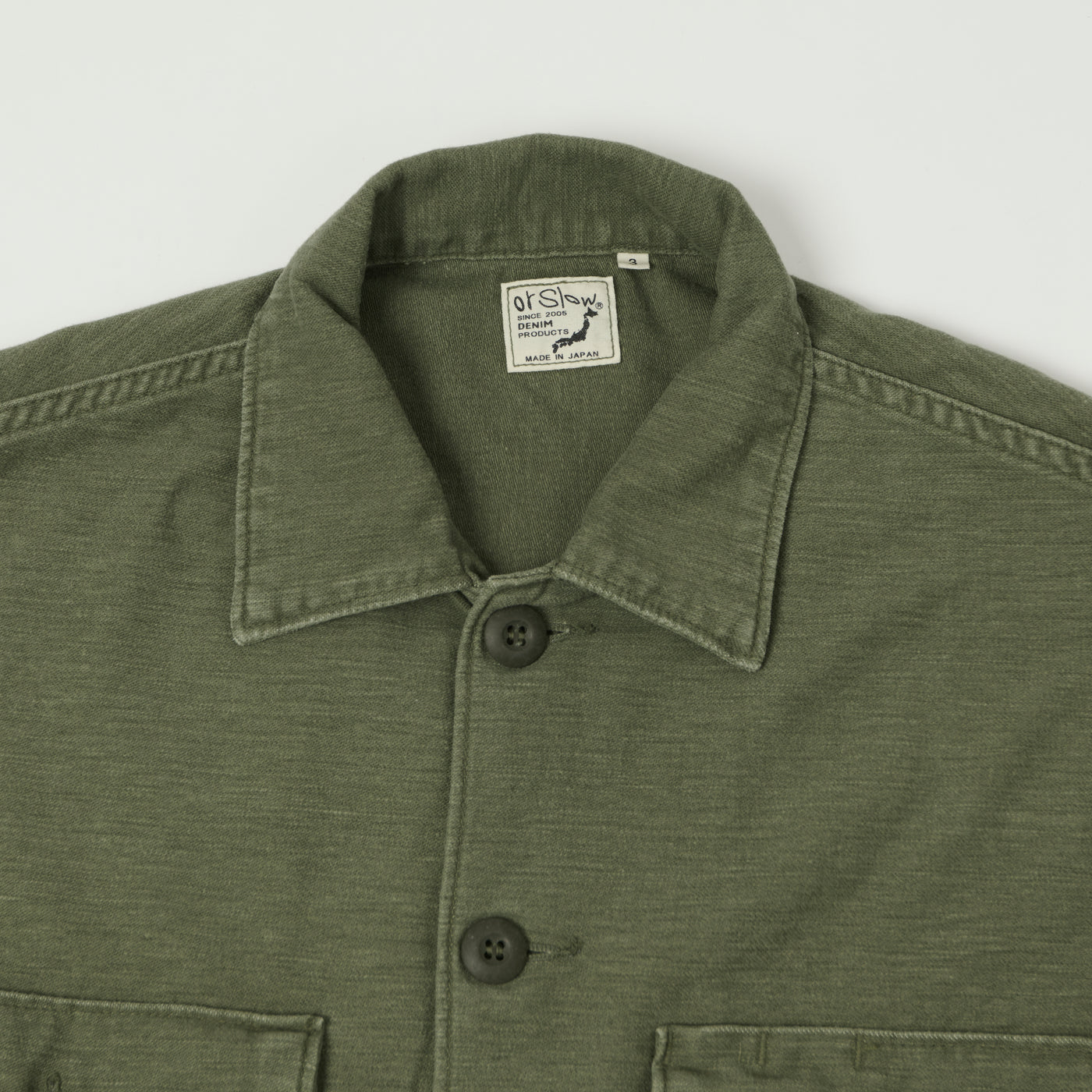 orSlow Contrast Pocket Sateen Overshirt - Olive Stone Wash