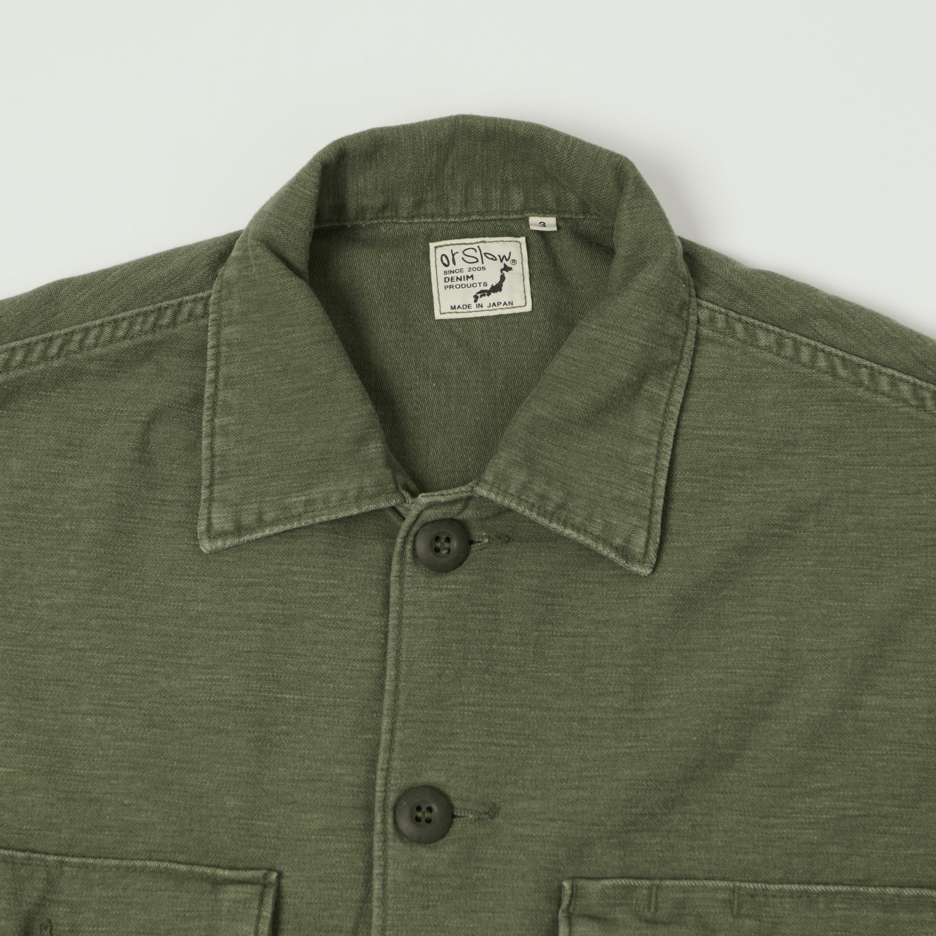 orSlow Contrast Pocket Sateen Overshirt - Olive Stone Wash