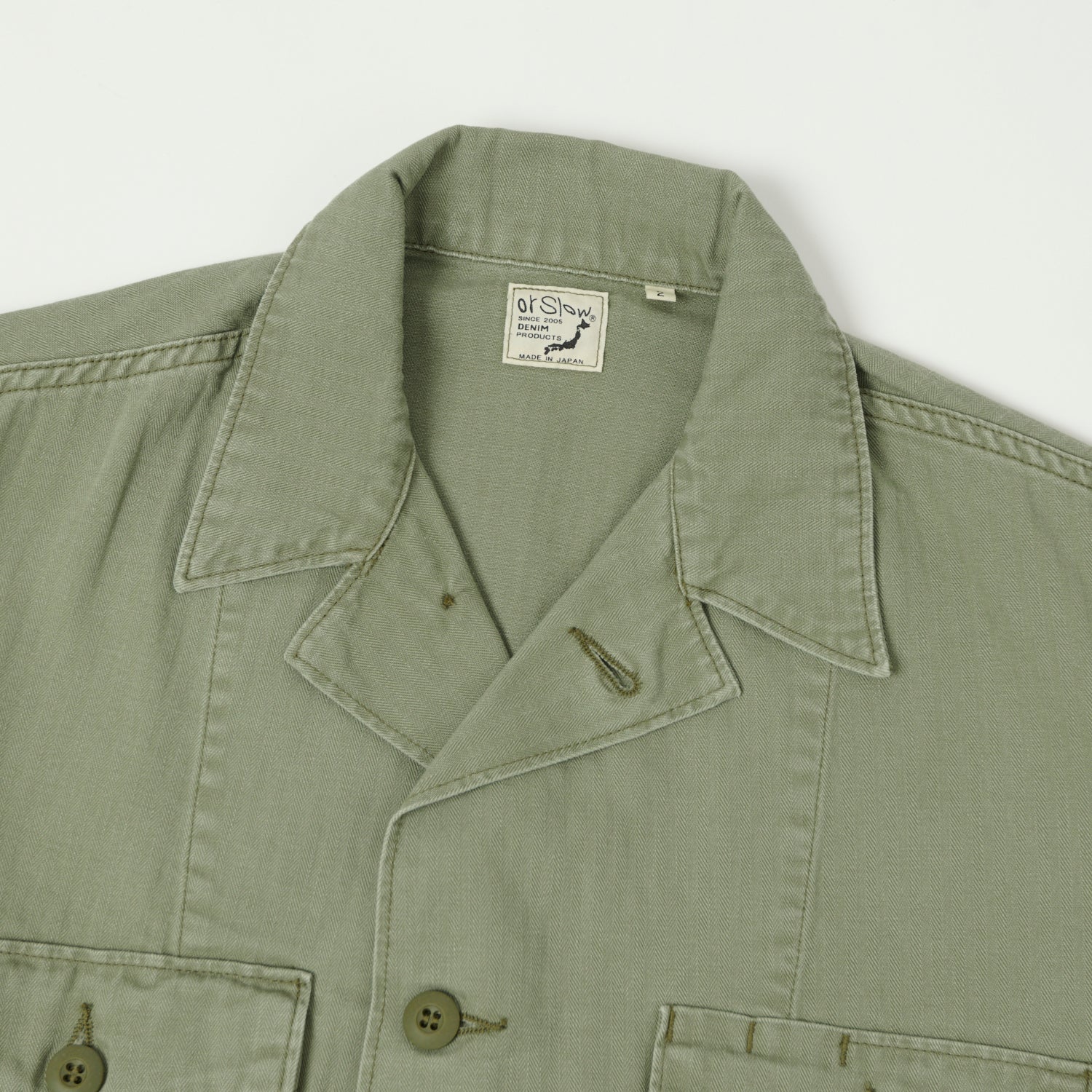 orSlow Herringbone Twill Contrast Pocket Overshirt - Green