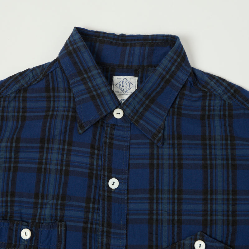 Post Overalls S/S No.6 Seersucker Shirt - Blue Plaid