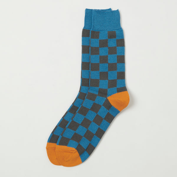 RoToTo Checkerboard Crew Sock - Light Blue/Dark Grey/Light Orange