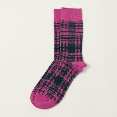 Rototo Check Pattern Merino Socks - Pink/Dark Green