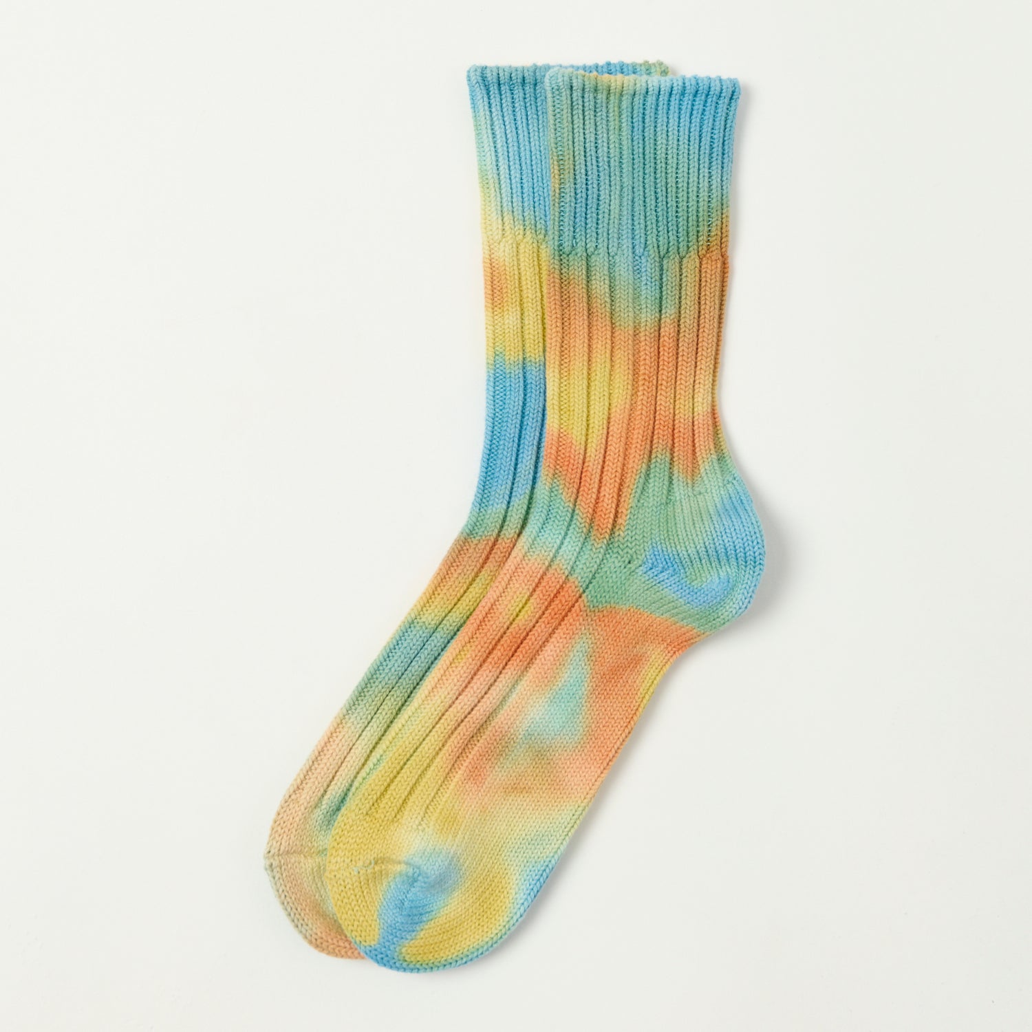 RoToTo Tie Dye Chunky Ribbed Crew Sock - Orange/Light Blue/Light Yellow