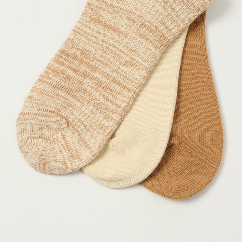 RoToTo Organic Daily 3 Pack Ribbed Crew Sock - Ecru/Brown