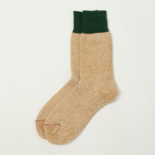 RoToTo Silk & Cotton Double Face Crew Sock - Dark Green/Beige