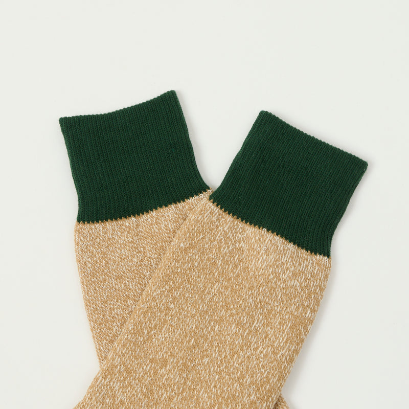 RoToTo 'Silk & Cotton' Double Face Crew Sock - Dark Green/Beige