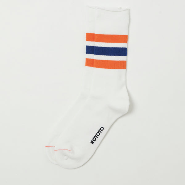 RoToTo Fine Pile Striped Crew Sock - White/Orange/Dark Blue