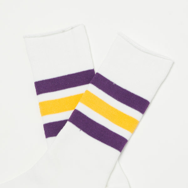RoToTo Fine Pile Striped Crew Sock - White/Purple/Yellow