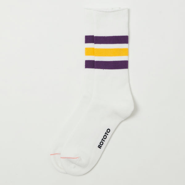 RoToTo Fine Pile Striped Crew Sock - White/Purple/Yellow