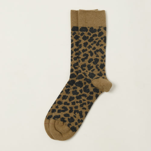 Rototo Leopard Pattern Merino Socks - Beige/Charcoal